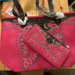 Pink Embellished Women's Bag and Wallet Set